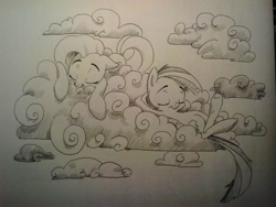 Size: 2048x1536 | Tagged: safe, artist:typicalgib, fluttershy, rainbow dash, pegasus, pony, g4, cloud, comfy, duo, eyes closed, female, ink drawing, lying on a cloud, mare, monochrome, on a cloud, relaxing, simple background, traditional art, white background