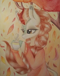 Size: 1080x1350 | Tagged: safe, artist:_quantumness_, autumn blaze, kirin, g4, bust, clothes, cup, female, leaves, smiling, solo, traditional art, tree