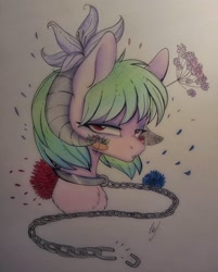 Size: 1080x1344 | Tagged: safe, artist:_quantumness_, oc, oc only, pony, bust, chains, flower, flower in hair, horns, leash, solo, traditional art