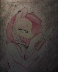 Size: 1080x1350 | Tagged: safe, artist:_quantumness_, pinkie pie, earth pony, pony, g4, bust, female, hoof hold, jewelry, knife, mare, necklace, pinkamena diane pie, traditional art