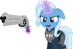 Size: 3806x2583 | Tagged: safe, artist:anime-equestria, trixie, pony, unicorn, g4, armor, badass, clothes, female, gun, handgun, high res, horn, ion fury, levitation, magic, mare, open mouth, pistola con caricato, police, revolver, simple background, solo, telekinesis, transparent background, vector, vest, weapon