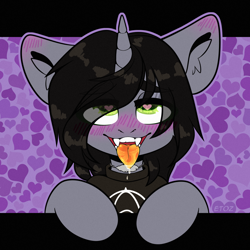 Size: 2000x2000 | Tagged: safe, artist:etoz, pony, unicorn, abstract background, ahegao, blushing, bust, commission, disguise, disguised siren, drool, eye clipping through hair, eyebrows, eyebrows visible through hair, fangs, heart, heart eyes, high res, horn, jewelry, kellin quinn, male, necklace, open mouth, ponified, shirt, sleeping with sirens, solo, stallion, t-shirt, tongue out, wingding eyes, ych result