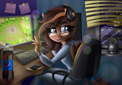 Size: 5000x3500 | Tagged: safe, artist:irinamar, oc, oc only, bat pony, anthro, chair, commission, computer, headphones, phone, snow, snowfall, solo, window, ych result