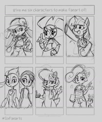 Size: 1206x1440 | Tagged: safe, spike, twilight sparkle, bandicoot, dragon, pony, robot, squirrel, unicorn, anthro, g4, anthro with ponies, clothes, coco bandicoot, collar, crash bandicoot (series), crossover, daxter, female, goggles, grayscale, jak and daxter, jenny wakeman, klonoa, lineart, male, mare, monochrome, mune, mune: guardian of the moon, my life as a teenage robot, otsell, overalls, raised hoof, sally acorn, six fanarts, sonic the hedgehog (series), wip