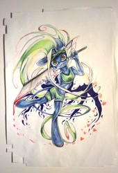 Size: 534x785 | Tagged: safe, artist:kiwwsplash, oc, oc only, unicorn, anthro, unguligrade anthro, clothes, horn, peace sign, shorts, smiling, solo, sword, traditional art, unicorn oc, weapon