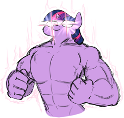 Size: 916x875 | Tagged: safe, artist:jargon scott, twilight sparkle, unicorn, anthro, g4, abs, buff, female, fist, glowing eyes, mare, muscles, solo, twiggie, twilight muscle