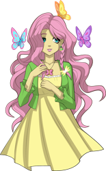 Size: 800x1292 | Tagged: safe, artist:sparks220stars, fluttershy, butterfly, equestria girls, g4, clothes, dress, female, jewelry, necklace, simple background, solo, transparent background