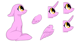Size: 1920x1071 | Tagged: safe, artist:intfighter, oc, oc only, earth pony, pony, bald, earth pony oc, floppy ears, horn, looking up, simple background, sitting, smiling, transparent background, wings