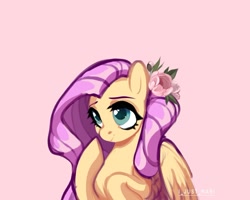 Size: 1511x1207 | Tagged: safe, artist:ijustmari, fluttershy, pegasus, pony, colored pupils, cute, female, flower, flower in hair, mare, pink background, shyabetes, simple background, solo
