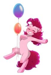 Size: 742x1080 | Tagged: safe, artist:ijustmari, pinkie pie, earth pony, pony, g4, balloon, bipedal, cute, diapinkes, ear fluff, eyes closed, female, floating, heart, hoof heart, missing cutie mark, smiling, solo, then watch her balloons lift her up to the sky