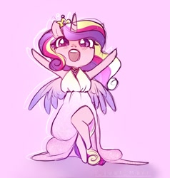 Size: 1028x1080 | Tagged: safe, artist:ijustmari, princess cadance, alicorn, anthro, unguligrade anthro, g4, clothes, crown, cute, cutedance, dress, female, jewelry, looking at you, open mouth, pink background, regalia, simple background, solo