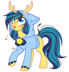 Size: 2000x2086 | Tagged: safe, artist:mint-light, oc, oc only, pony, unicorn, :o, antlers, blushing, clothes, commission, costume, heart, high res, hoodie, horn, kigurumi, looking up, open mouth, raised hoof, simple background, solo, surprised, transparent background, unicorn oc, ych result