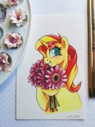 Size: 1620x2160 | Tagged: safe, artist:ijustmari, sunset shimmer, pony, unicorn, g4, bouquet, colored pupils, cute, female, flower, mare, paintbrush, profile, shimmerbetes, smiling, solo, traditional art, watercolor painting