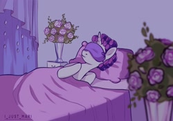 Size: 2048x1431 | Tagged: safe, artist:ijustmari, rarity, pony, unicorn, g4, bed, bouquet, female, flower, hair curlers, mare, on bed, pillow, sleep mask, sleeping, solo, vase