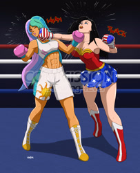 Size: 2680x3308 | Tagged: safe, artist:drawing-4ever, princess celestia, human, g4, abs, bare shoulders, boots, boxing, boxing gloves, boxing ring, clothes, combat, commission, female, fight, high res, humanized, muscles, obtrusive watermark, princess musclestia, punch, shoes, shorts, signature, sleeveless, sports, sports bra, sports shorts, strapless, uppercut, watermark, wonder woman