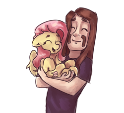 Size: 1100x1000 | Tagged: safe, artist:mannybcadavera, fluttershy, human, pegasus, pony, g4, crossover, duo, eyes closed, female, floppy ears, holding, holding a pony, hooves to the chest, hug, male, mare, metalocalypse, open mouth, simple background, smiling, toki wartooth, white background, wings