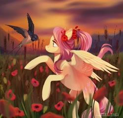 Size: 1717x1652 | Tagged: safe, artist:ijustmari, fluttershy, bird, pegasus, pony, swallow (bird), g4, alternate hairstyle, female, flower, flower in hair, food, looking at each other, looking at someone, mare, outdoors, poppy, profile, rearing, smiling, solo, spread wings, sunset, wheat, wings