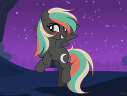 Size: 2824x2123 | Tagged: safe, artist:mint-light, oc, oc only, oc:eliza skyler, pegasus, pony, blushing, female, flying, freckles, high res, mare, night, outdoors, pegasus oc, smiling, solo, stars, tree, wings