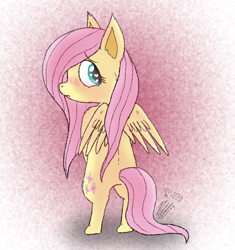 Size: 800x850 | Tagged: safe, artist:flutteryoshi952, fluttershy, pegasus, pony, g4, abstract background, bipedal, blushing, female, heart eyes, leg fluff, looking at you, looking back, looking back at you, mare, profile, rear view, shoulder fluff, solo, turned head, wingding eyes, wings