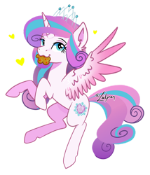 Size: 1024x1196 | Tagged: safe, artist:lailyren, princess flurry heart, alicorn, pony, colored wings, crown, cute, female, flurrybetes, food, fritter, heart, jewelry, mare, multicolored wings, nom, older, older flurry heart, regalia, signature, simple background, smiling, solo, spread wings, transparent background, wings