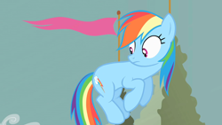 Size: 1280x720 | Tagged: safe, screencap, rainbow dash, pegasus, pony, season 2, the return of harmony, earth pony rainbow dash, female, looking at butt, looking back, mare, midair, missing wing, rainbow dash is not amused, solo, unamused, wingless