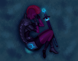 Size: 2000x1558 | Tagged: safe, artist:brokat8, tempest shadow, human, g4, alternate hairstyle, armor, bodysuit, boots, clothes, elf ears, eye scar, eyes closed, female, gloves, grass, holster, humanized, night, pony coloring, scar, shoes, sleeping, solo, sword, unicorns as elves, weapon