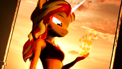 Size: 1920x1080 | Tagged: safe, artist:backmaker, sunset shimmer, unicorn, anthro, g4, 3d, clothes, female, fiery shimmer, fire, magic, pyromancy, solo, source filmmaker, sports bra
