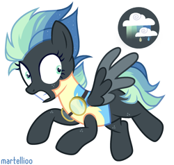Size: 1913x1818 | Tagged: safe, artist:picasu, oc, oc only, oc:stellar clouds, pegasus, pony, clothes, female, flying, freckles, goggles, gritted teeth, mare, raised hoof, raised leg, simple background, solo, uniform, white background, wonderbolt trainee uniform, wonderbolts
