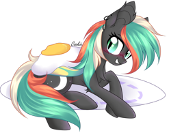 Size: 2776x2160 | Tagged: safe, artist:mint-light, oc, oc only, oc:eliza skyler, bat pony, pony, base used, bat ponified, bat pony oc, bat wings, blushing, commission, ear piercing, earring, egg, female, grin, high res, jewelry, lying down, mare, micro, piercing, plate, race swap, simple background, smiling, solo, transparent background, wings, ych result