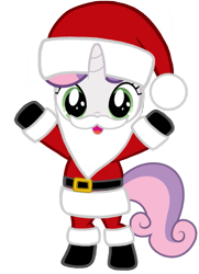 Size: 743x1024 | Tagged: artist needed, safe, sweetie belle, pony, unicorn, g4, belt, bipedal, boots, christmas, clothes, costume, cute, diasweetes, fake beard, female, filly, hat, holiday, horn, looking at you, open mouth, santa beard, santa claus, santa costume, santa hat, shoes, simple background, solo, sweetie claus, transparent background, vector
