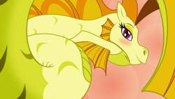Size: 4444x2500 | Tagged: safe, artist:badumsquish, derpibooru exclusive, adagio dazzle, siren, equestria girls, g4, abstract background, bedroom eyes, female, flirting, looking at you, low angle, lying down, show accurate, smiling, smirk, solo, sultry pose, wallpaper