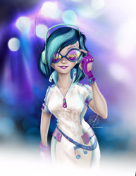 Size: 1274x1650 | Tagged: safe, artist:chombeau, dj pon-3, vinyl scratch, human, equestria girls, g4, abstract background, clothes, female, headphones, humanized, jumpsuit, looking at you, signature, smiling, solo