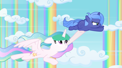 Size: 6064x3383 | Tagged: safe, artist:inaactive, princess celestia, princess luna, alicorn, pony, g4, season 3, sleepless in ponyville, cloud, cute, female, filly, flying, lunabetes, mare, rainbow waterfall, royal sisters, scene interpretation, show accurate, sisters, vector, woona, younger