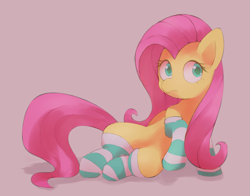 Size: 1400x1100 | Tagged: safe, artist:lexiedraw, fluttershy, pegasus, pony, g4, adorasexy, clothes, colored pupils, cute, female, mare, pink background, pixiv, sexy, shyabetes, simple background, sitting, socks, solo, striped socks