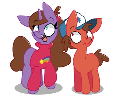 Size: 2500x2000 | Tagged: safe, artist:kindakismet, pony, unicorn, braces, brother and sister, clothes, dipper pines, female, gravity falls, hat, high res, mabel pines, male, ponified, rainbow, siblings, simple background, sweater, white background