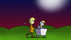 Size: 1920x1080 | Tagged: safe, artist:cookieboy011, derpy hooves, human, pegasus, pony, comic:derpy's wish, g4, absurd file size, absurd gif size, animated, cute, female, gif, grass, shooting star, shopping cart, stars, walk cycle, walking