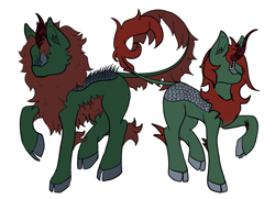 Size: 1800x1300 | Tagged: safe, artist:inanimatelotus, oc, oc:herbal remedy, dragon, kirin, barbs, cloven hooves, duo, female, fluffy, headcanon, lore, male, male and female, mane, rule 63, scales, simple background, white background