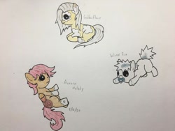 Size: 722x542 | Tagged: safe, artist:carty, oc, oc only, oc:aurora melody, oc:goldenflower, oc:winter fire, earth pony, pegasus, pony, foal, pacifier, traditional art