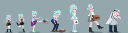 Size: 4633x1196 | Tagged: safe, artist:magerblutooth, cozy glow, human, equestria girls, g4, a better ending for cozy, adult, age progression, alternate hairstyle, boots, bow, box, clothes, commission, doctor, donation box, dress, elderly, equestria girls-ified, fake smile, female, first aid kit, gray background, grey hair, guilty, hair bow, hair bun, hat, head mirror, high heel boots, high res, hunched over, kicking, lidded eyes, nurse, nurse hat, nurse outfit, older, older cozy glow, open mouth, ponytail, raised leg, reformation, scrubs (gear), shirt, shoes, show accurate, simple background, skirt, smiling, solo, stethoscope, story in the source, teenager, transformation, transformation sequence, vector, wavy mouth, wobbling, wrinkles