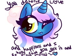 Size: 1024x742 | Tagged: safe, alternate version, artist:iloveehlm, oc, oc:fleurbelle, alicorn, pony, adorabelle, alicorn oc, bow, cute, encouragement, female, hair bow, horn, mare, one eye closed, positive ponies, solo, speechless, wings, wink, winking at you