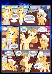 Size: 3259x4607 | Tagged: safe, artist:estories, oc, oc:alice goldenfeather, oc:fable, oc:golden jewel, earth pony, pegasus, pony, comic:nevermore, g4, colt, comic, female, filly, high res, male, mare, speech bubble