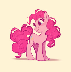 Size: 1200x1219 | Tagged: safe, artist:imalou, pinkie pie, earth pony, pony, g4, blushing, cute, diapinkes, female, happy, head tilt, looking back, mare, shadow, simple background, smiling, solo, tan background