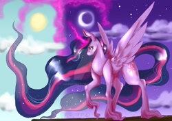 Size: 1280x906 | Tagged: safe, artist:harmoneii, twilight sparkle, alicorn, pony, g4, the last problem, crescent moon, day, deviantart watermark, female, flowing mane, glowing horn, horn, long feather, long mane, mare, moon, night, obtrusive watermark, older, older twilight, older twilight sparkle (alicorn), princess twilight 2.0, solo, spread wings, sun, twilight sparkle (alicorn), watermark, wings