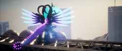 Size: 3840x1620 | Tagged: safe, artist:phoenixtm, oc, oc:phoenix stardash, cyborg, original species, 3d, building, ceikraill, city, spread wings, unreal engine, wings