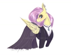 Size: 1280x999 | Tagged: safe, artist:harmoneii, fluttershy, pegasus, pony, fake it 'til you make it, g4, clothes, deviantart watermark, dress, ear piercing, earring, eyeshadow, female, fluttergoth, jewelry, makeup, mare, necklace, obtrusive watermark, piercing, simple background, solo, watermark, white background
