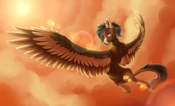 Size: 3280x2000 | Tagged: safe, artist:leawarriors, oc, oc only, pegasus, pony, art trade, cloud, coat markings, colored hooves, colored wings, ear fluff, ear piercing, flying, high res, large wings, lens flare, leonine tail, light, piercing, socks (coat markings), solo, spread wings, sun, sunset, wings