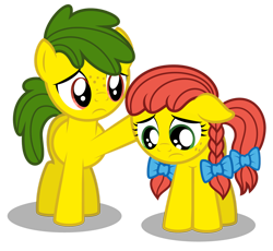 Size: 1280x1180 | Tagged: safe, artist:aleximusprime, oc, oc:annie smith, oc:apple chip, earth pony, pony, apple twins, bow, brother and sister, cheering up, comforting, depressed, female, freckles, male, miserable, offspring, parent:applejack, parent:tex, parents:texjack, pigtails, sad, siblings, simple background, transparent background, twins