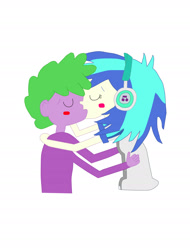 Size: 2069x2728 | Tagged: safe, dj pon-3, spike, vinyl scratch, human, equestria girls, g4, blushing, duo, female, high res, hug, human spike, kiss on the lips, kissing, male, remake, shipping, spike gets all the equestria girls, straight, vinylspike