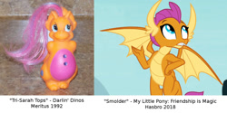 Size: 1500x750 | Tagged: safe, screencap, smolder, dinosaur, dragon, reptile, triceratops, g4, school daze, comparison, darlin' dinos, female, hand on hip, irl, looking up, photo, text, toy, tri-sarah tops