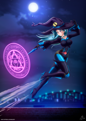 Size: 4128x5790 | Tagged: safe, alternate version, artist:mauroz, trixie, human, g4, anime, bodysuit, cape, city, cloak, clothes, female, futhark, hat, humanized, magic, magic wand, magician outfit, moon, night, runes, solo